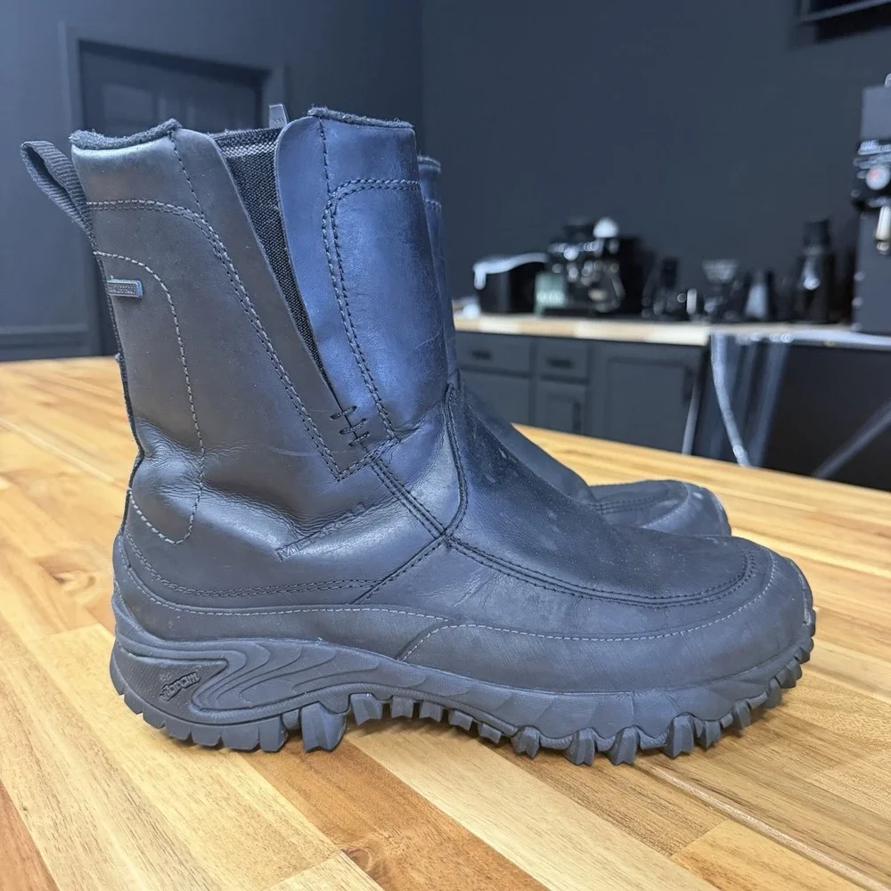 Merrell Mens 9 Black Leather Waterproof Boots Vibram Sole Side Zip Outdoor